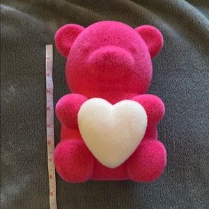 Cute Pink Bear Plush with Heart. Hollow plastic with fuzzy covering, 8 in tall.
